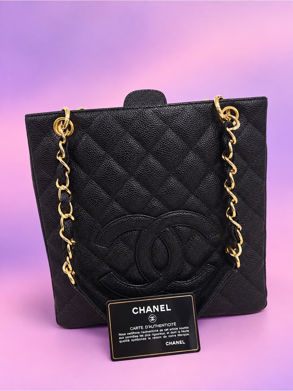 CHANEL PST Caviar Black Quilted Leather Chain Shoulder Bag with Gold Hardware